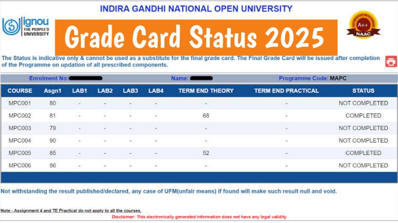 IGNOU Grade Card 2025 Status - Check Now